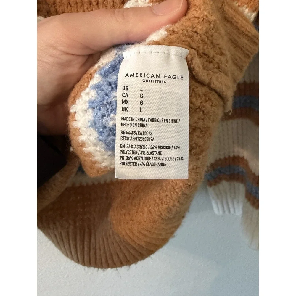AE Knit Waffle Knit Sweater Oversized Chunky‎ Stripe Long Sleeve Crew Neck L